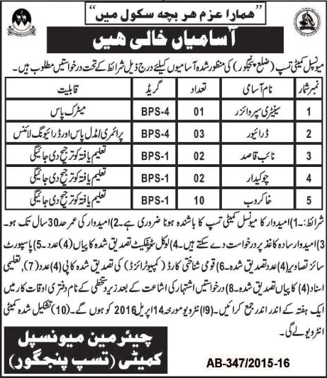 Municipal Committee Tasp Panjgur Jobs 2016 April Khakroob, Drivers, Naib Qasid, Chowkidar & Sanitary Supervisor Latest