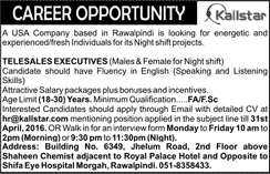 Telesales Executive Jobs in Rawalpindi April 2016 at Kallstar Pvt Ltd Call Center Latest