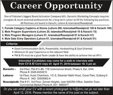 Dynamic Marketing Concepts Pakistan Jobs 2016 April Female Category Captains, Program Supervisors / Managers & DEO Latest