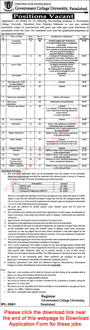 GC University Faisalabad Jobs April 2016 GCUF Application Form Clerks, Naib Qasid, Sanitary Workers & Others Latest