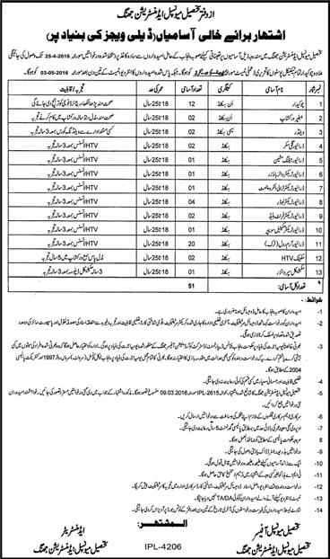 TMA Jhang Jobs April 2016 Drivers, Chowkidar & Others at Tehsil Municipal Administration Latest