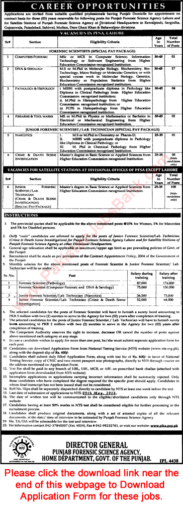Punjab Forensic Science Agency Jobs April 2016 PFSA NTS Application Form Forensic Scientists & Lab Technicians Latest
