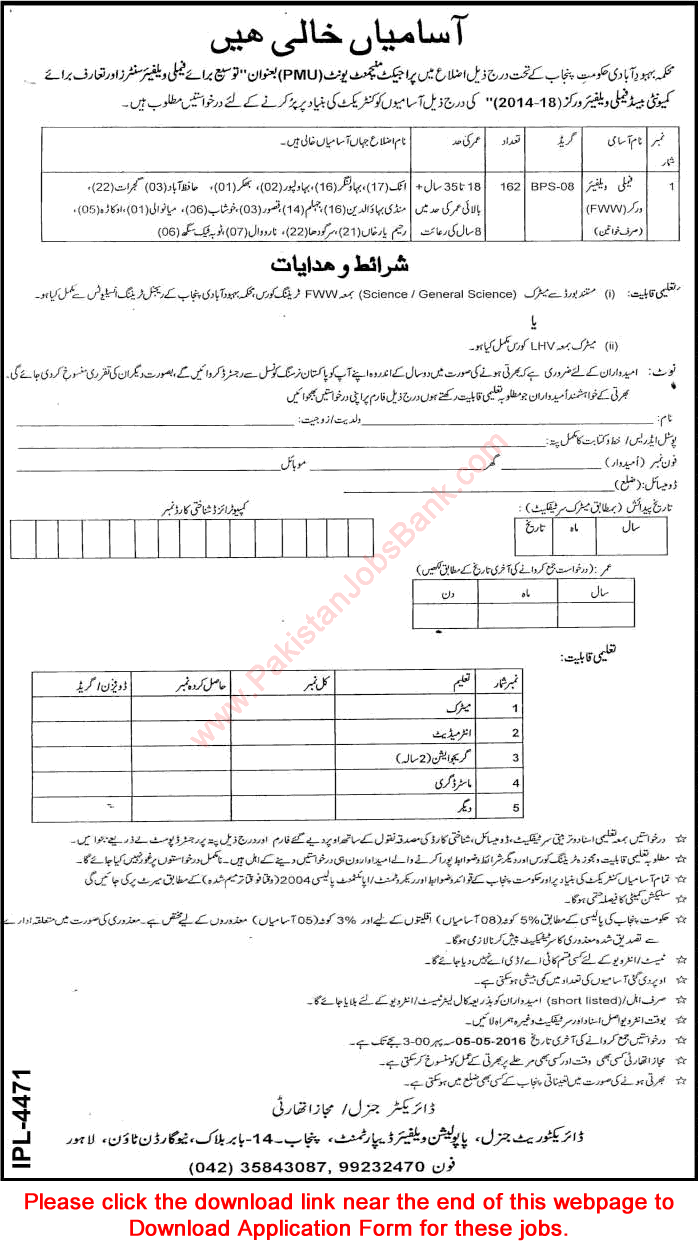 Family Welfare Worker Jobs in Population Welfare Department Punjab April 2016 FWW Application Form Latest