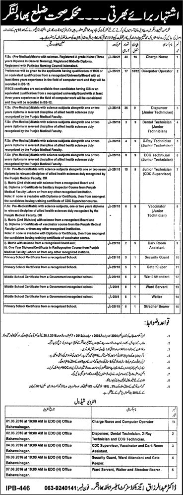 Health Department Bahawalnagar Jobs 2016 April Charge Nurses, Dispensers, Computer Operators & Others Latest