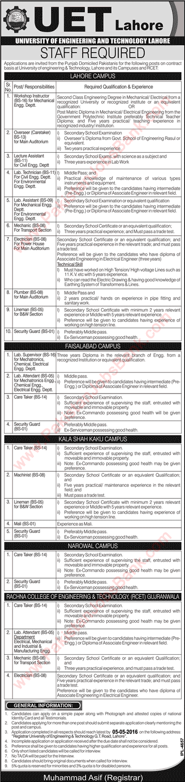 UET Lahore Jobs April 2016 University of Engineering and Technology Latest / New Advertisement