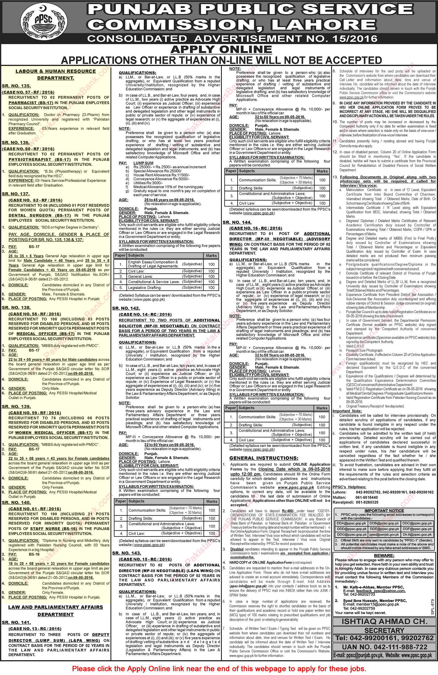 Punjab Employees Social Security Institution Jobs 2016 April PPSC PESSI Staff Nurses, Medical Officers & Others Latest