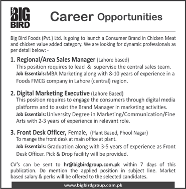 Big Bird Foods Jobs 2016 April Sales Manager, FDO & Digital Marketing Executive Latest