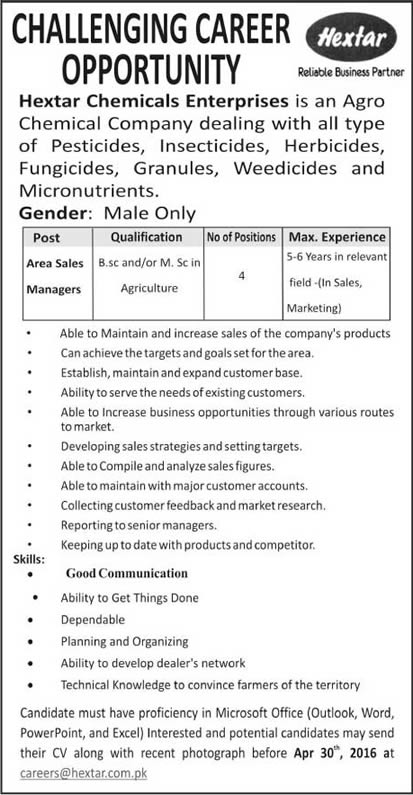 Area Sales Manager Jobs in Lahore April 2016 at Hextar Chemicals Enterprises Latest