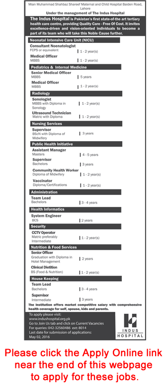 Indus Hospital Lahore Jobs April 2016 Apply Online Shahbaz Sharif Maternal & Child Hospital Latest