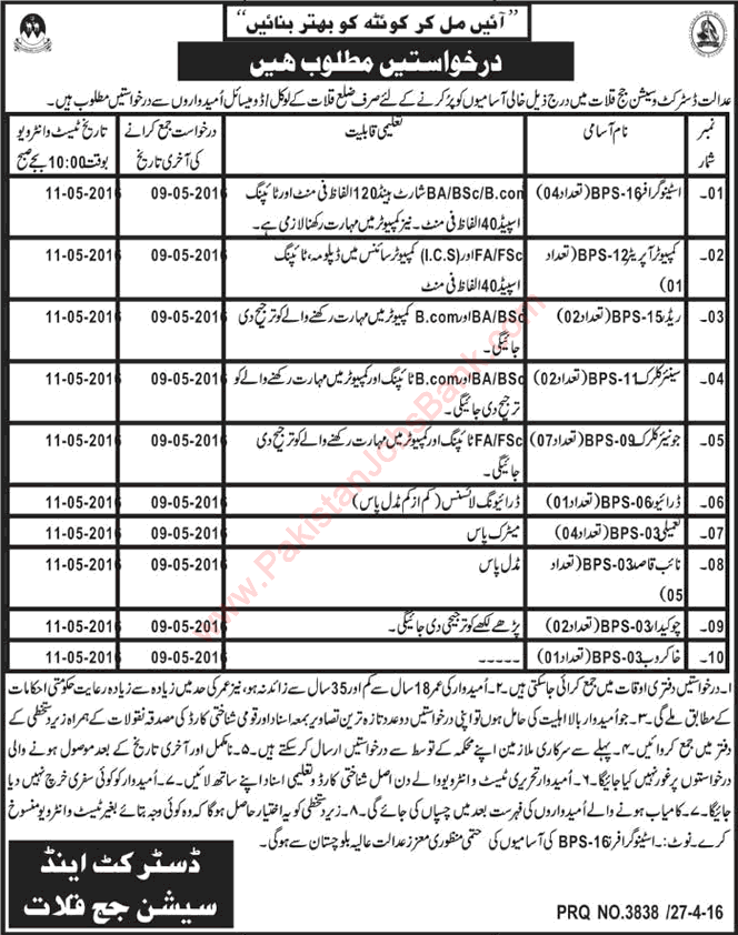 District and Session Court Kilat Jobs 2016 April Clerks, Stenographers, Tameeli, Naib Qasid & Others Latest