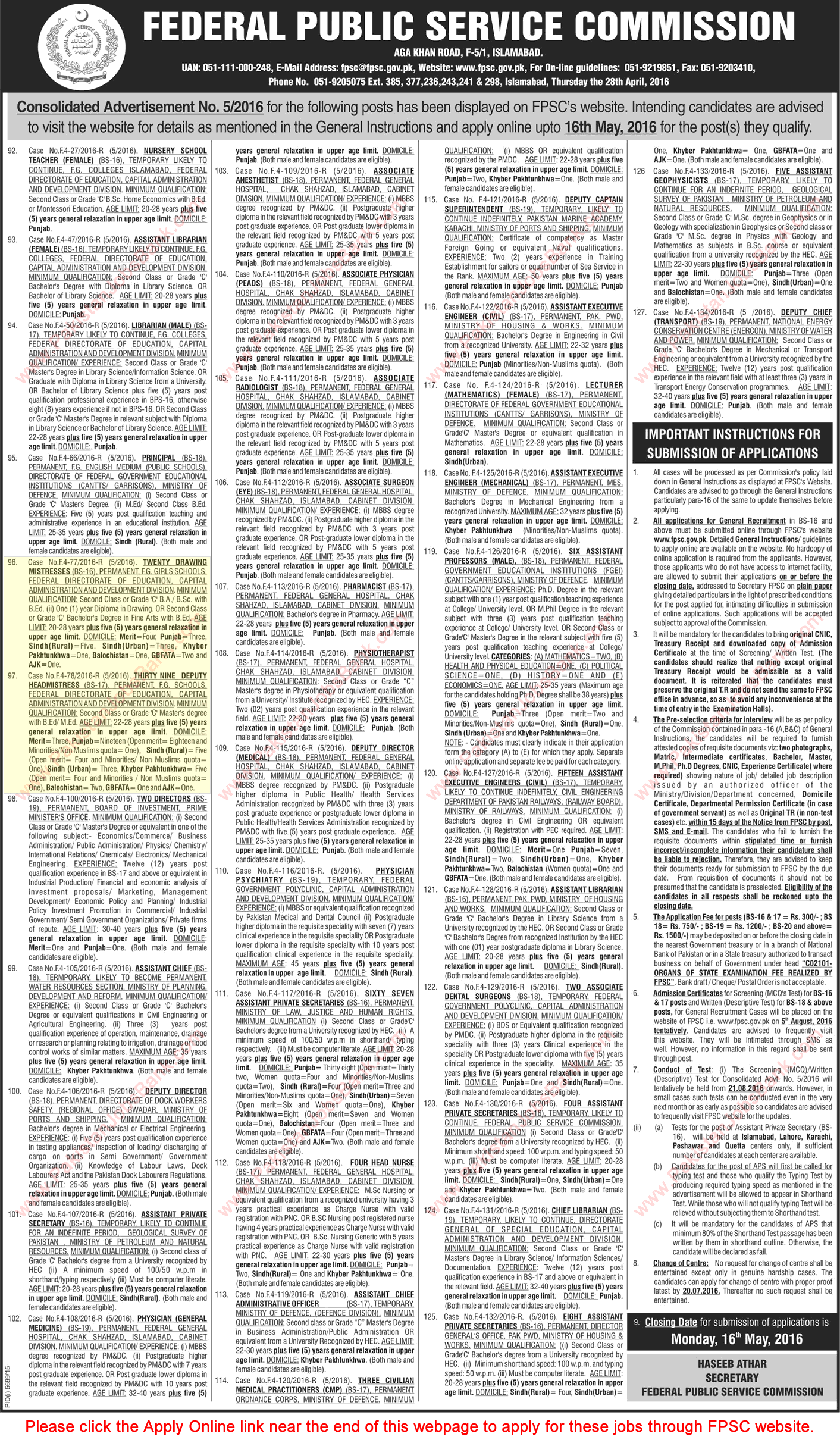 Federal Directorate of Education Islamabad Jobs May 2016 FPSC Deputy Headmistress & Drawing Mistresses Apply Online Latest