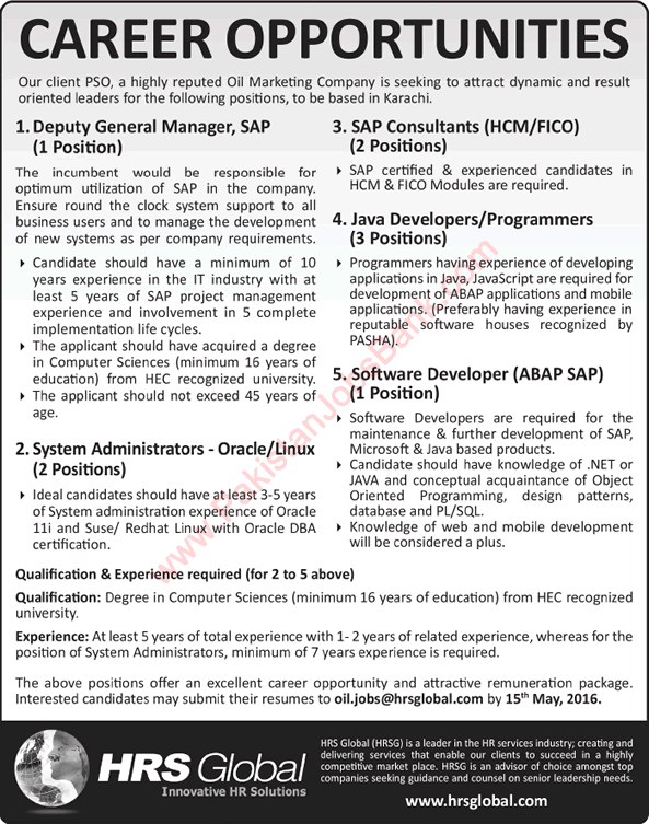 HRS Global Pakistan Jobs 2016 May in Karachi Software Engineers, SAP Consultants & Other IT Professionals Latest