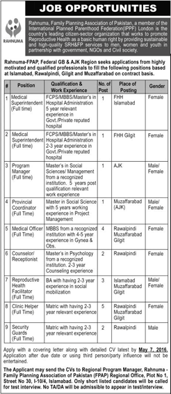 Rahnuma Family Planning Association of Pakistan Jobs May 2016 FPAP Medical Officers, Clinic Helpers & Others Latest