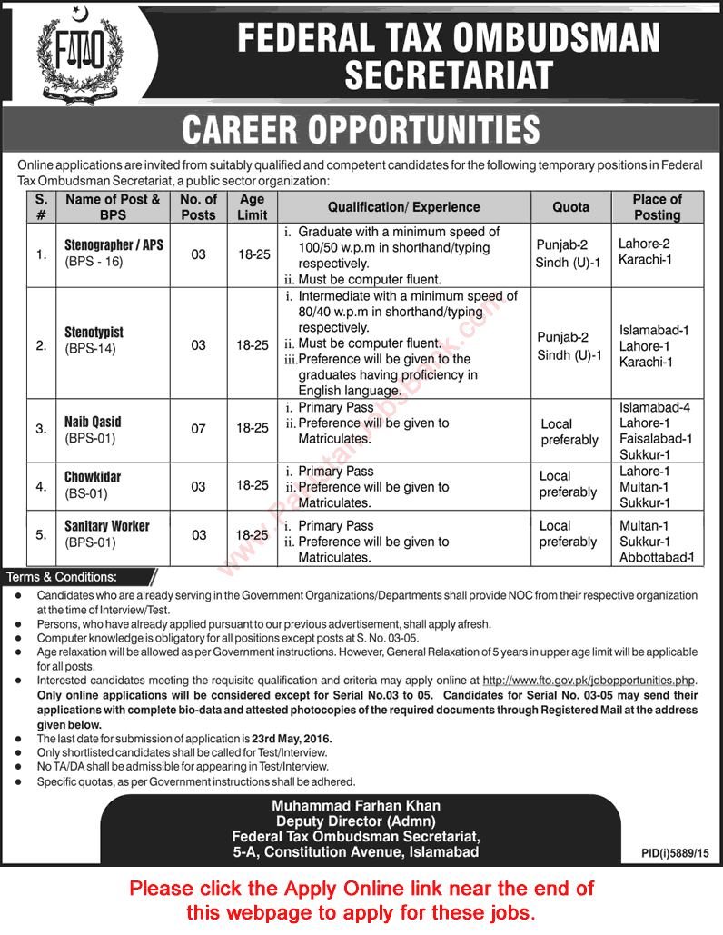 Federal Tax Ombudsman Secretariat Jobs May 2016 FTO Apply Online Latest Advertisement