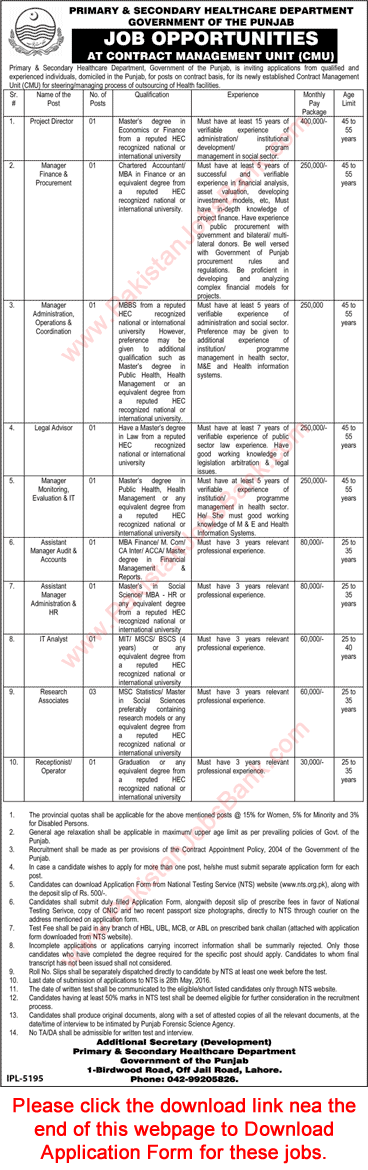 Primary and Secondary Healthcare Department Punjab Jobs May 2016 CMU PSHD NTS Application Form Latest