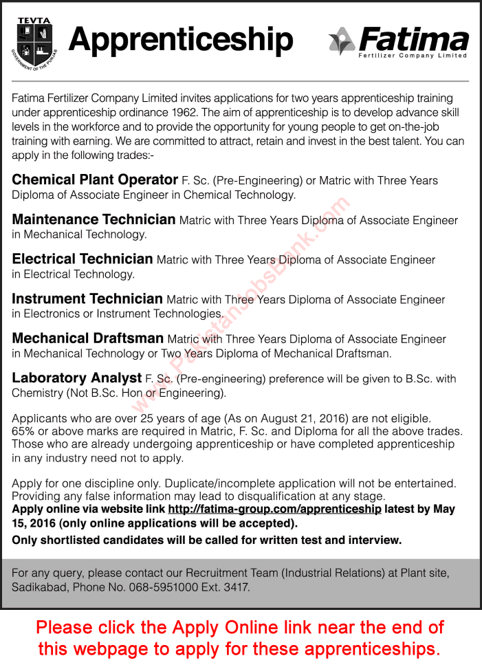 Fatima Fertilizer Apprenticeship 2016 May Online Application Form Sadiqabad Latest Advertisement