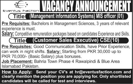 Eventus Faction Jobs May 2016 Islamabad & Rawalpindi Customer Sales Executives & MIS Officer Latest