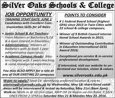 Silver Oaks Schools Jobs May 2016 Islamabad / Rawalpindi Teachers, Administrators & Campus Head Latest