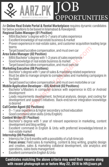 Aarz.pk Jobs 2016 May Marketing Executives, Internees, Sales Managers & Others Latest
