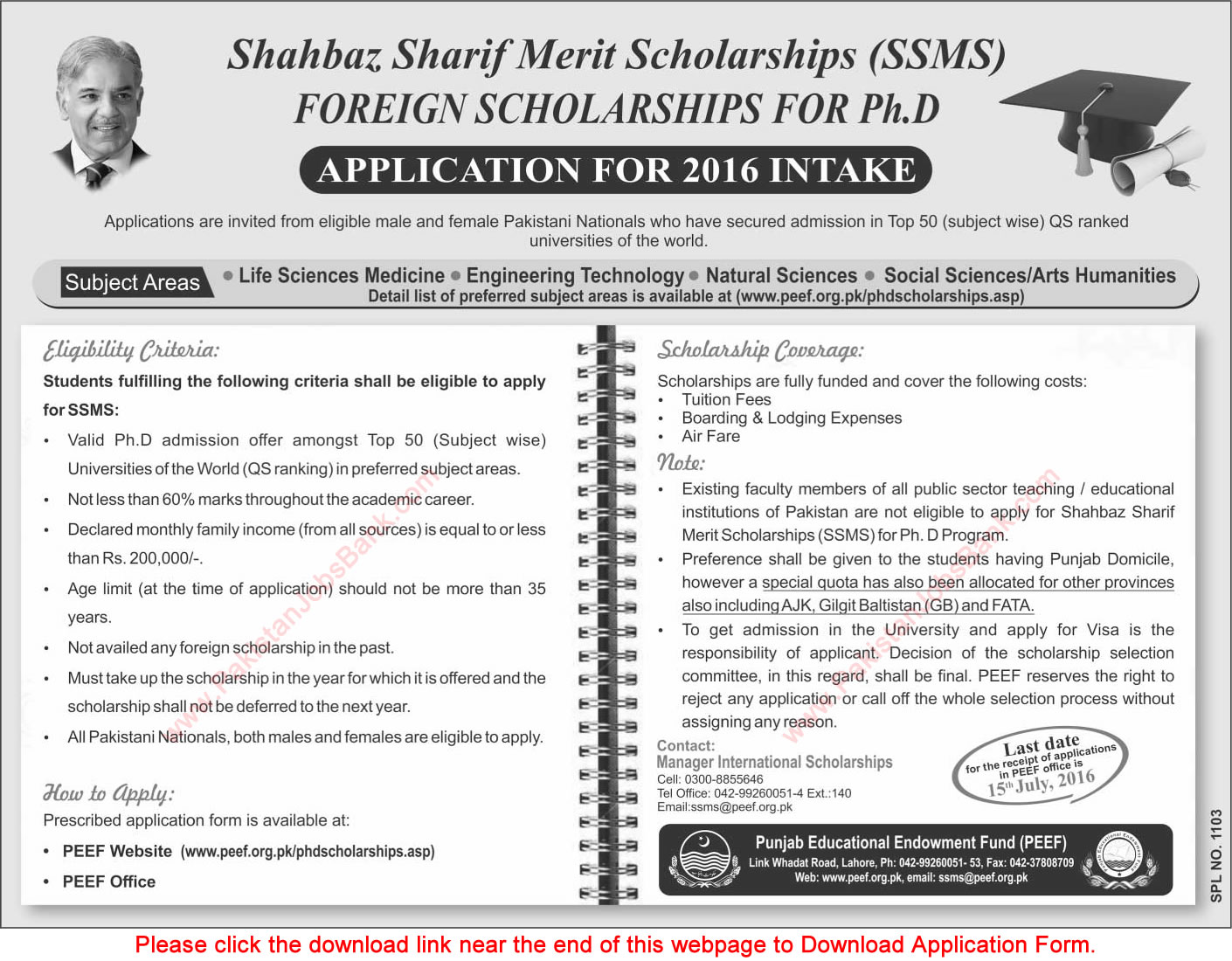 PEEF Shahbaz Sharif Merit Scholarships 2016 May Application Form SSMS Foreign Ph.D. Scholarships Latest