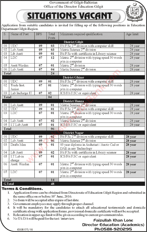 Education Department Gilgit Baltistan Jobs May 2016 Clerks, Lab Assistants & Others Latest / New