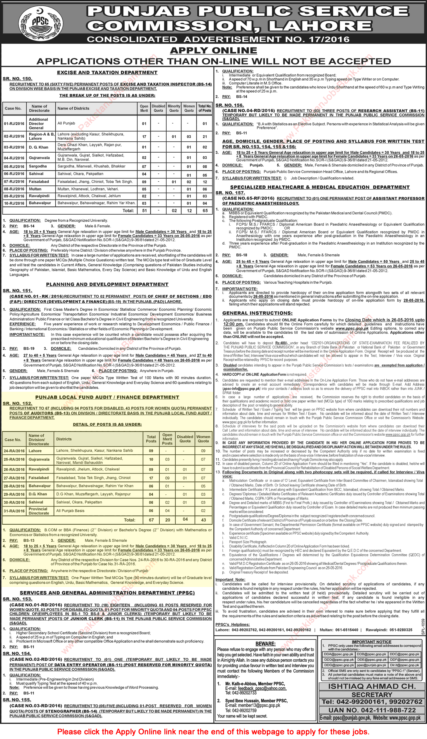 Auditor Jobs in Finance Department Punjab 2016 May Local Fund Audit PPSC Apply Online Latest / New