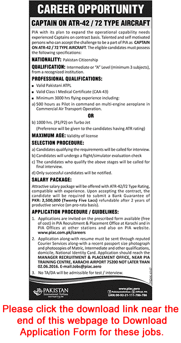 Pilot Jobs in PIA May 2016 Application Form Captain on ATR-42 / ATR-72 Type Aircraft Latest