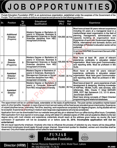 Punjab Education Foundation Jobs May 2016 PEF Additional, Deputy & Assistant Directors Latest