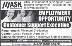 Customer Support Executive Jobs in Lahore May 2016 at ASK Development Pvt Ltd Latest
