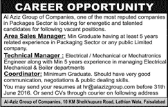 Technical / Sales Manager & Coordinator Jobs in Faisalabad May 2016 at Al Aziz Group of Companies Latest
