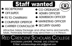 Red Crescent Scholars College Lahore Jobs 2016 May Computer Operator, Admin Officer & Others Latest