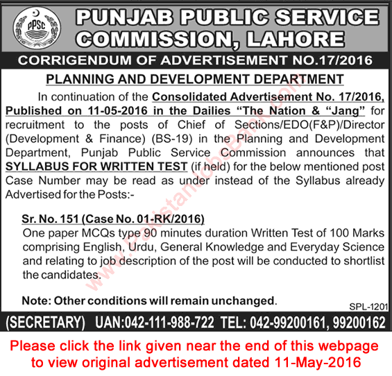 Planning and Development Department Punjab Jobs May 2016 PPSC Consolidated Advertisement No 17/2016 Corrigendum Latest