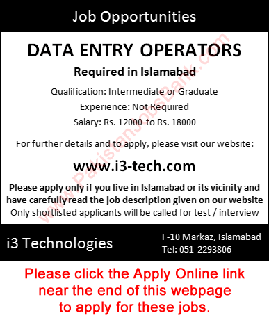Data Entry Operator Jobs in Islamabad May 2016 DEO at i3 Technologies Apply Online Latest