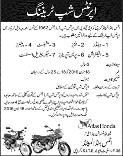 Atlas Honda Apprenticeships 2016 May / June in Karachi Apprenticeship Training Jobs Latest