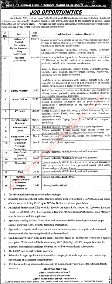 District Jinnah Public School Mandi Bahauddin Jobs 2016 June Lecturers, Teachers, Admin & Support Staff Latest