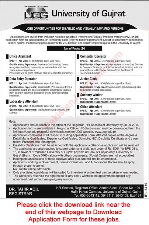 University of Gujrat Jobs June 2016 Application Form for Disabled & Visually Impaired Persons Latest