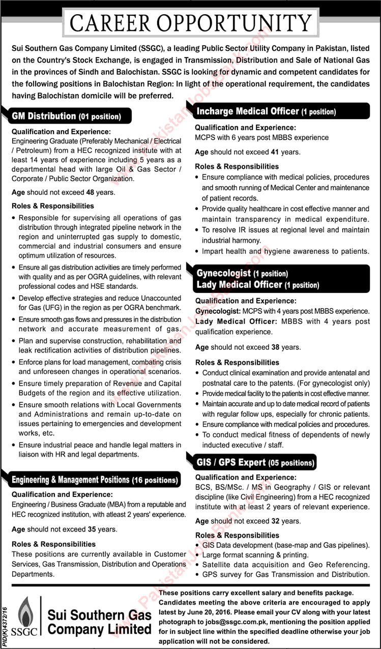 Sui Southern Gas Company Jobs 2016 June SSGC Engineering & Management Staff, GIS / GPS Experts & Others Latest