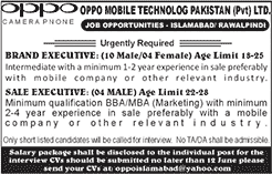 Sales & Brand Executive Jobs in Islamabad / Rawalpindi June 2016 at Oppo Mobile Technologies Pakistan Latest