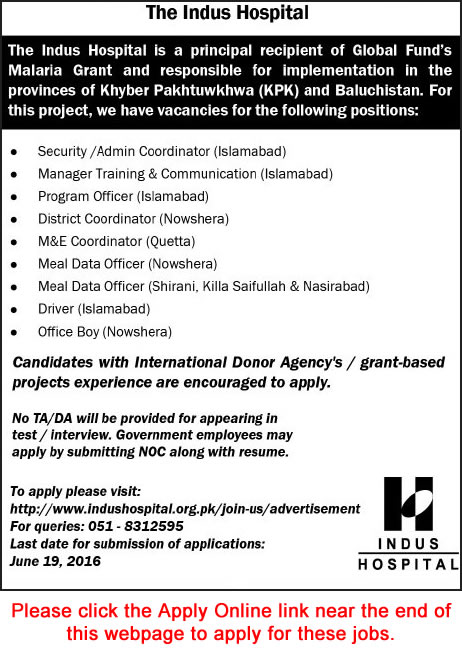 Indus Hospital Jobs June 2016 Apply Online Program Officer, District Coordinator, Data Officers & Others Latest