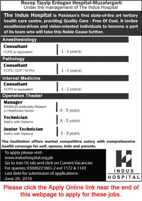 Indus Hospital Muzaffargarh Jobs June 2016 Apply Online Recep Tayyip Erdogan Hospital Latest