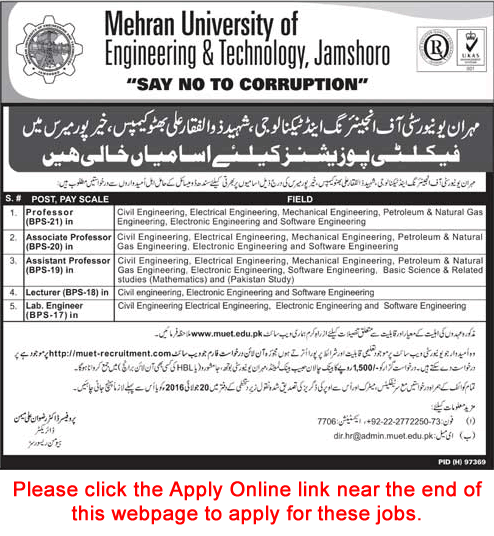 Mehran University Khairpur Jobs 2016 June MUET Online Application Form Teaching Faculty & Lab Engineers Latest