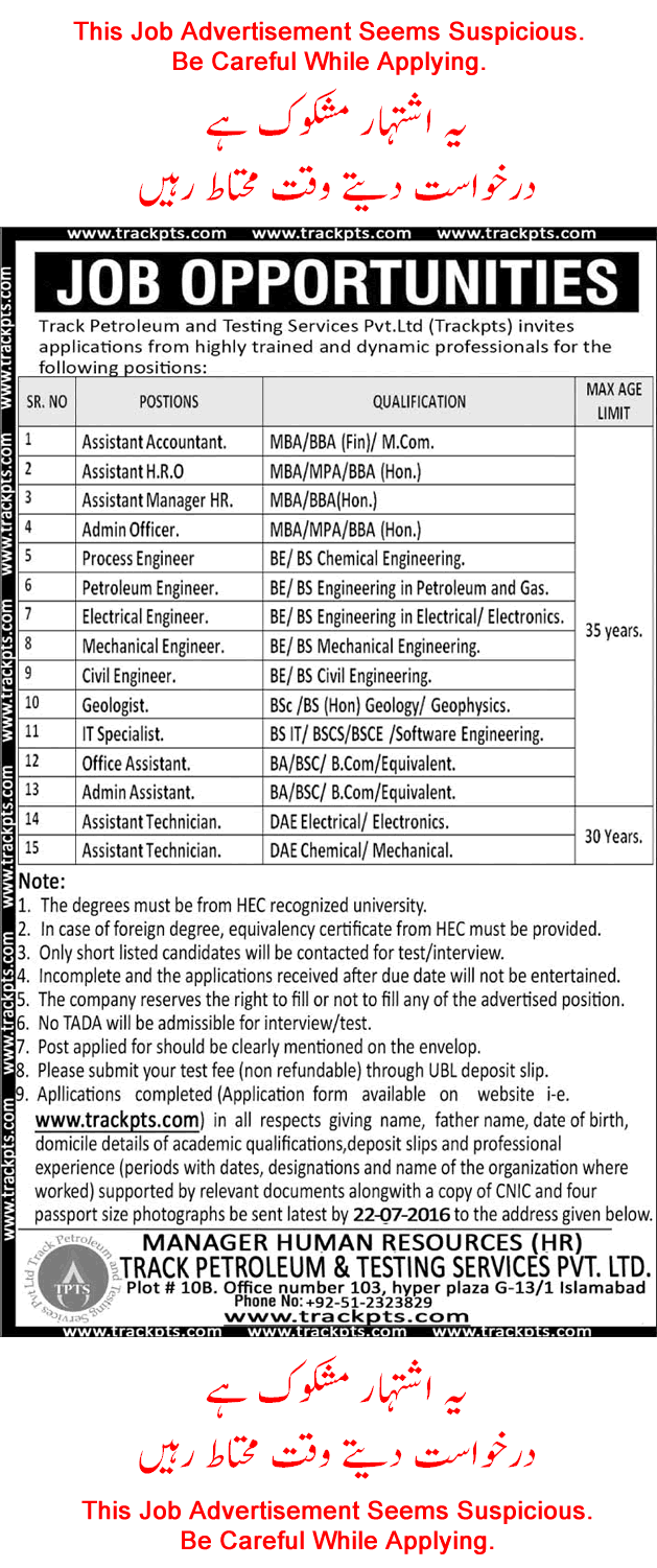 Track Petroleum and Testing Services Jobs 2016 June Application Form Download Latest