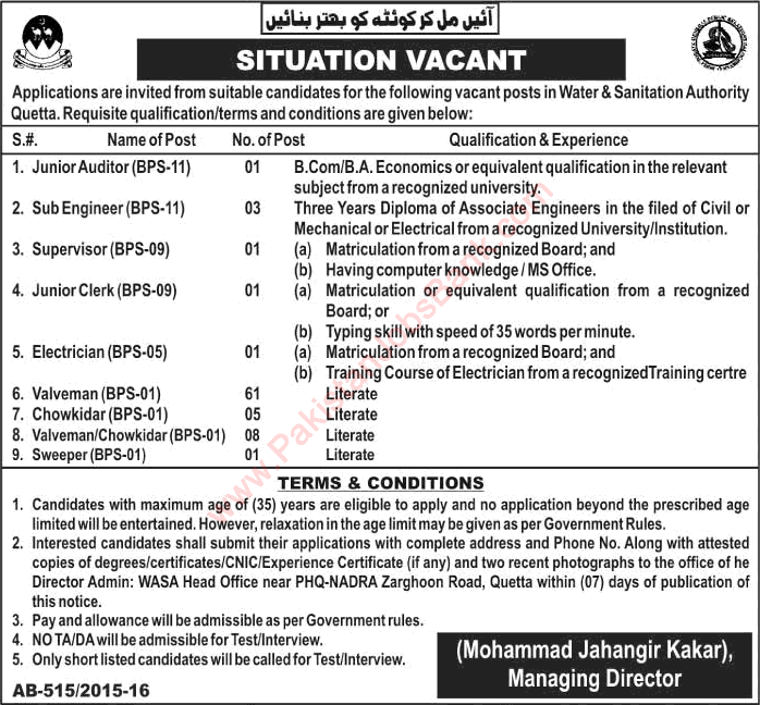 WASA Quetta Jobs 2016 June Water and Sanitation Authority Sub Engineers, Valvemen, Chowkidar & Others Latest