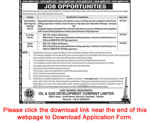 OGDCL Jobs July 2016 for Drillers Application Form Download Latest Advertisement