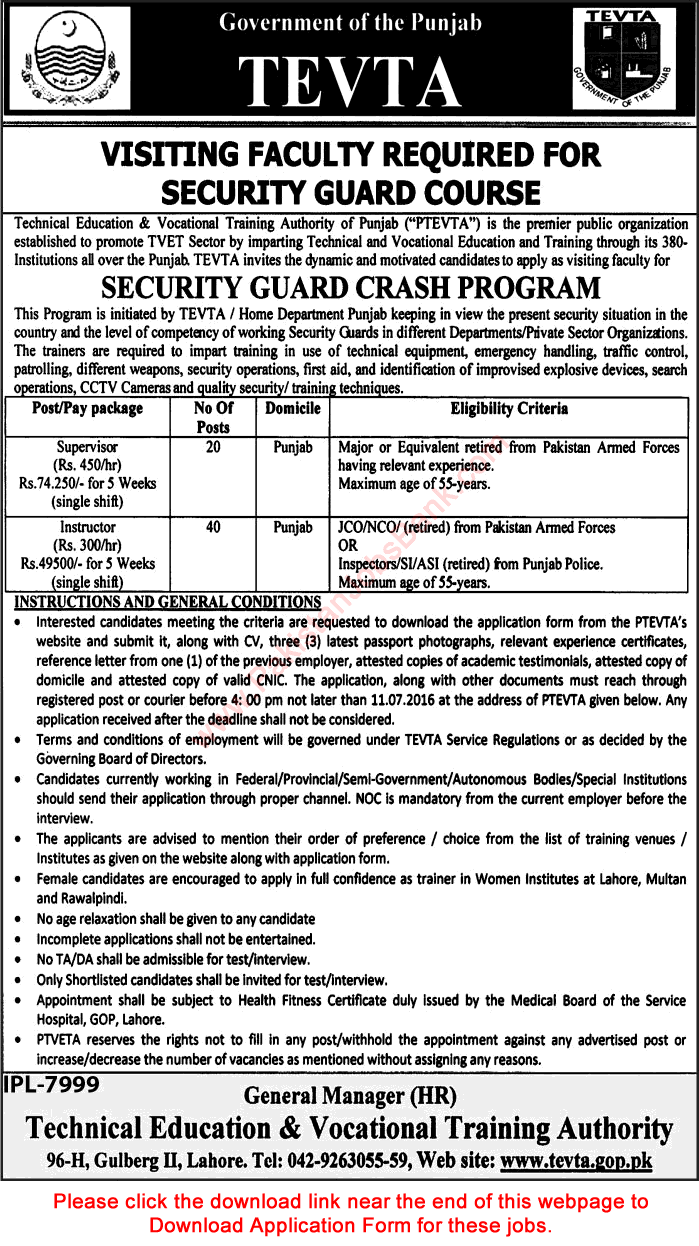 TEVTA Jobs July 2016 Punjab Application Form Instructors & Supervisors Ex / Retired Army Personnel Latest