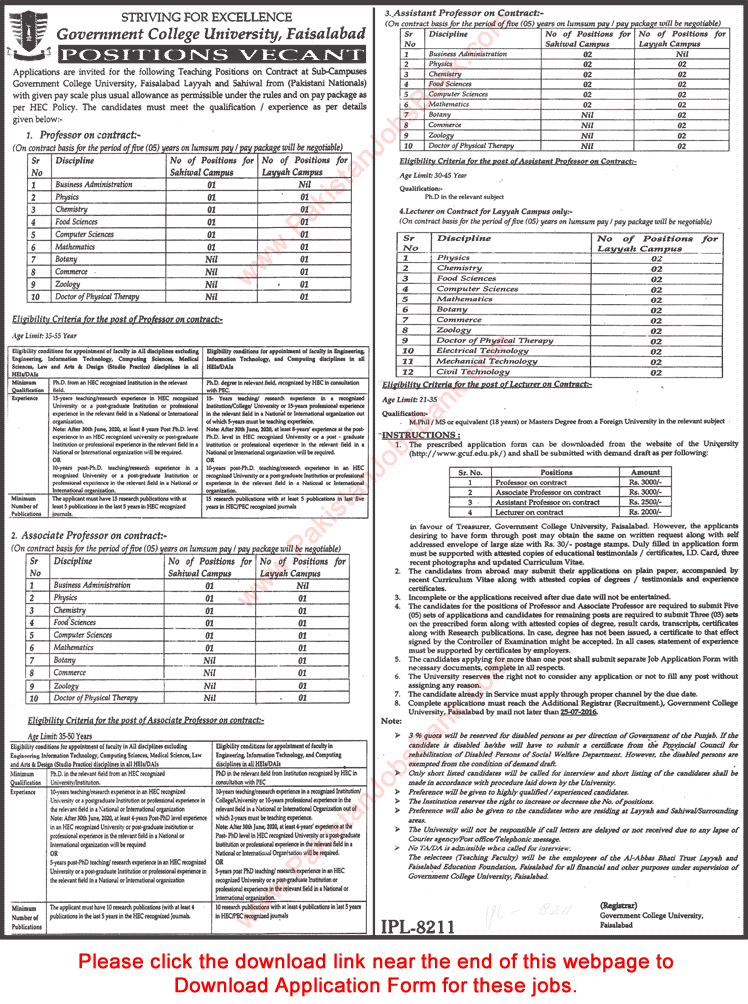 GC University Faisalabad Jobs July 2016 GCUF Sahiwal & Layyah Application Form Teaching Faculty Latest