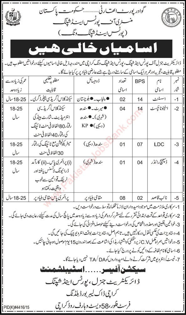 Ministry of Ports and Shipping Karachi Jobs July 2016 Stenotypists, Naib Qasid & Others Latest