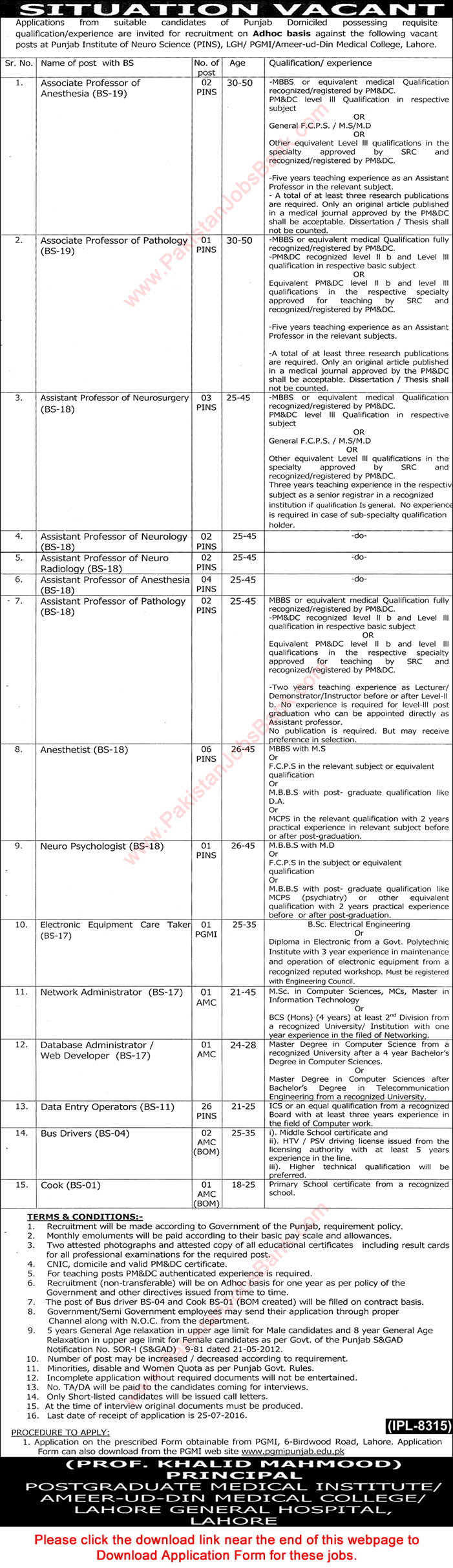 Punjab Institute of Neuro Sciences Lahore Jobs 2016 July PGMI Application Form PINS AMC Latest