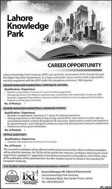 Lahore Knowledge Park Company Jobs 2016 July LKPC Office Assistants & Marketing Managers Latest