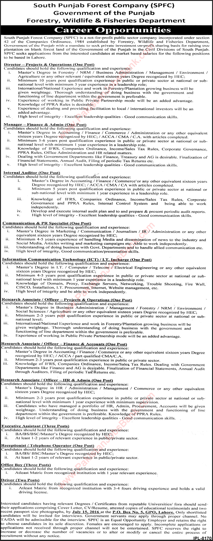 South Punjab Forest Company Lahore Jobs 2016 July SPFC Executive Assistants, Office Boys & Others Latest